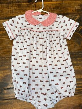 Classic Red Tractor Print Baby One-Piece with Peter Pan Collar